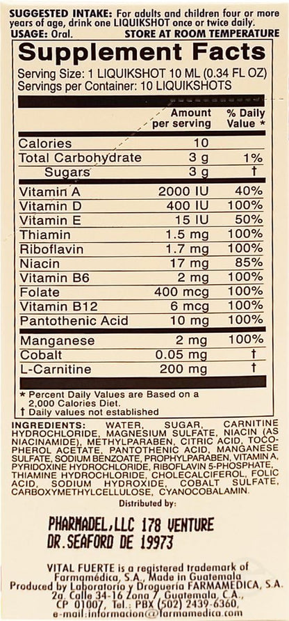 Vital Fuerte Liquid Shot Multivitamin & Mineral Supplement, 10 Units of 15 ml