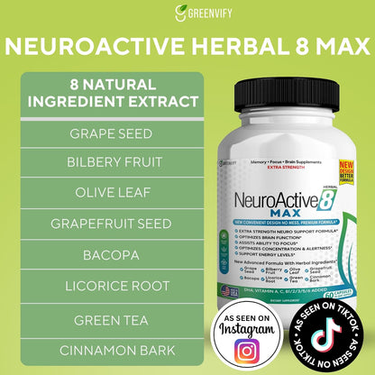 GREENVIFY NeuroActive 8 Max Brain Support Food Supplement, Extra Strength, 60 Capsules