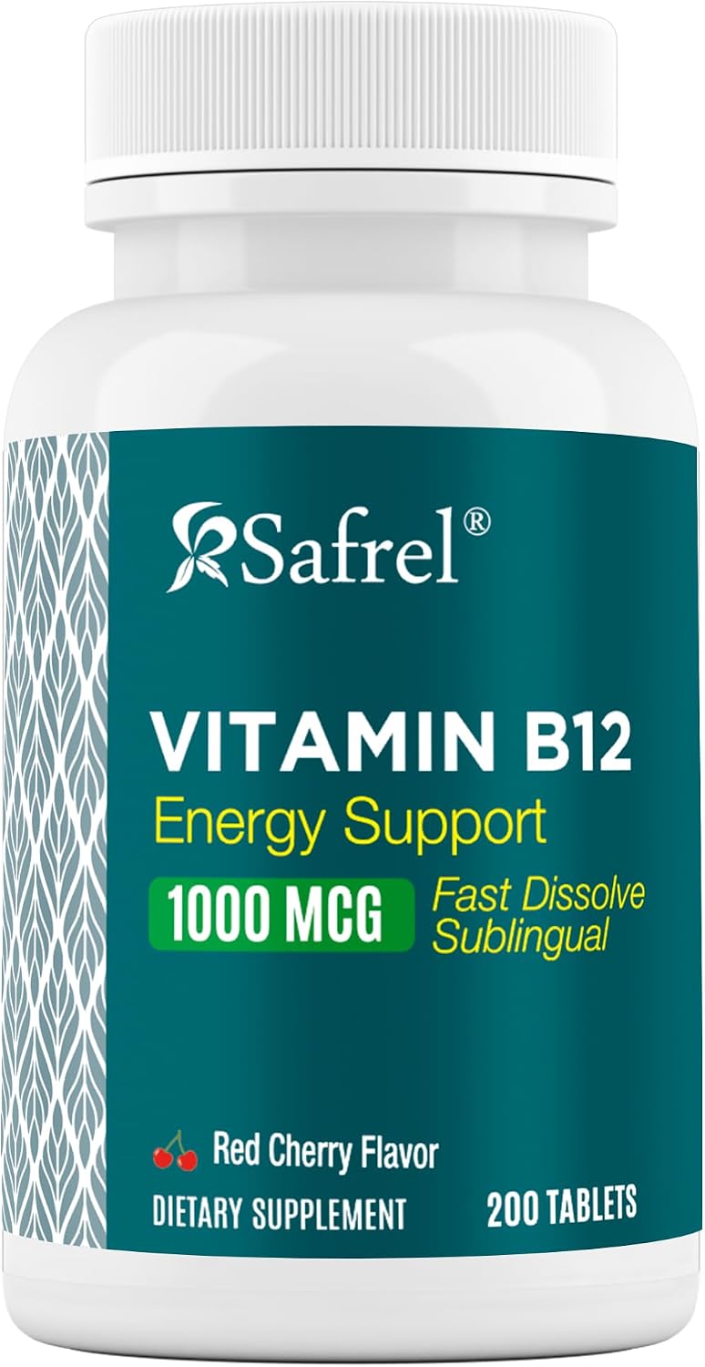 Safrel Vitamin B12 1000 mcg, 200 Fast Dissolve Tablets, Easy to Take Sublingual B12 Cherry Flavour, 200-Day Supply - görsel 1