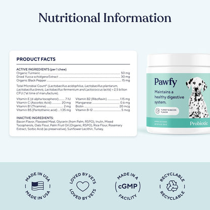 Pawfy Probiotics for Dogs | Supports Digestive Health, Diarrhoea Relief for All Breeds | Promotes Gut Health | Anti-Yeast | Skin and Seasonal Allergy Support - 30 Bacon-Flavoured Chews
