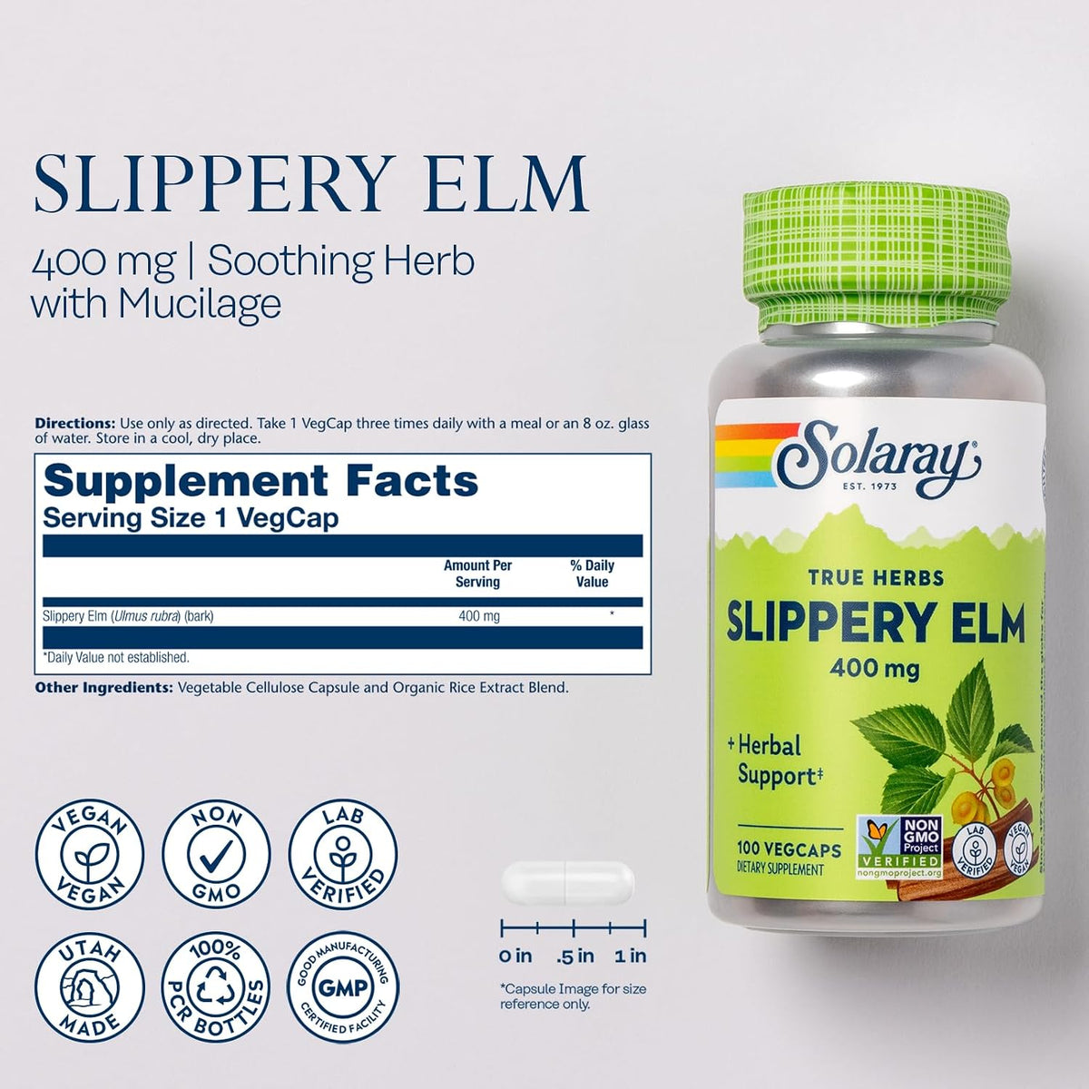 SOLARAY Slippery Elm Bark Capsules (Ulmus Rubra) 400 mg – 100 VegCaps - görsel 3