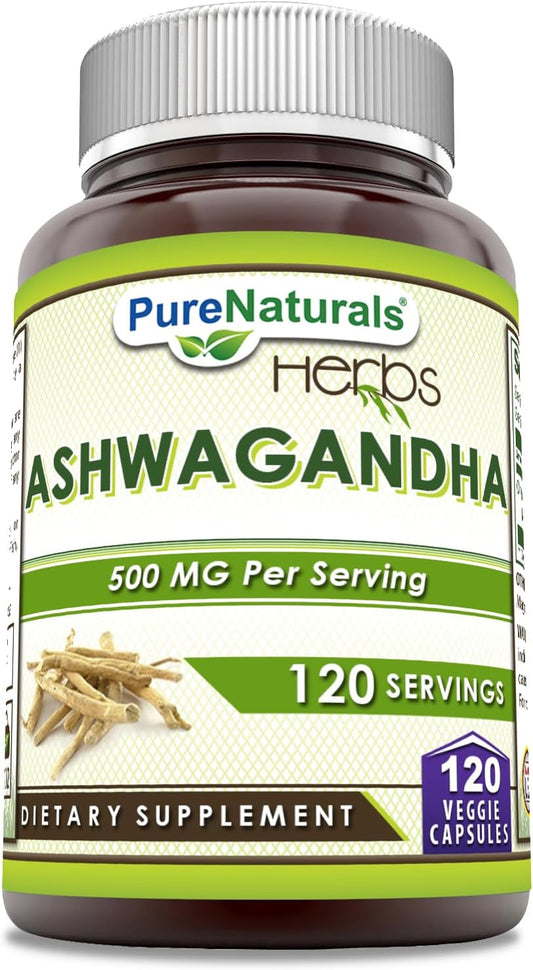 Pure Naturals Ashwagandha 500 mg per Serving - 120 Vegetable Capsules - Non-GMO, Gluten-free - Manufactured in the USA