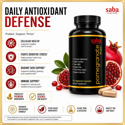 Saba Pomegranate Plus™ - Premium Healthy Ageing Support with AstaReal® Astaxanthin & Pomegranate Extract - 60 Capsules