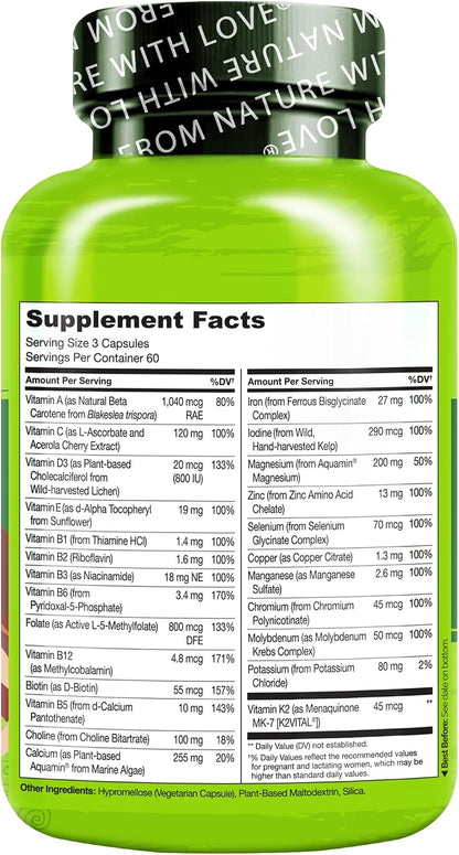 NATURELO Prenatal Multivitamin with Gentle Chelated Iron, Methylfolate, Plant Calcium and Choline - 180 Capsules