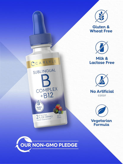 Carlyle Vitamin B Complex Sublingual | 60 ml | Liquid Drops | with B12 | Berry Flavour | Vegetarian, Non-GMO & Gluten-free Supplement