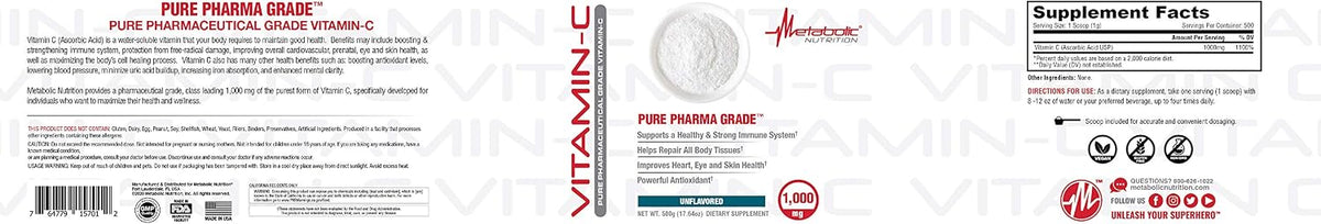 Metabolic Nutrition Vitamin C 1000mg Pure Pharma Grade Ascorbic Acid Powder (500g) - görsel 4