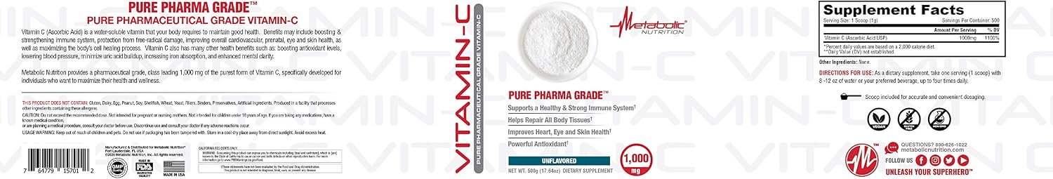 Metabolic Nutrition Vitamin C 1000mg Pure Pharma Grade Ascorbic Acid Powder (500g) - görsel 4