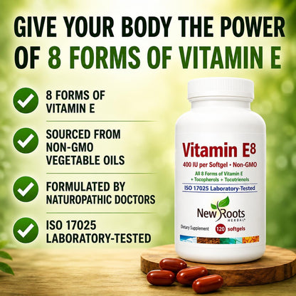 NEW ROOTS HERBAL Vitamin E Capsules (400 IU), Vitamin E8 Supplement with All 8 Tocopherols & Tocotrienols for Women and Men (120 Softgels)