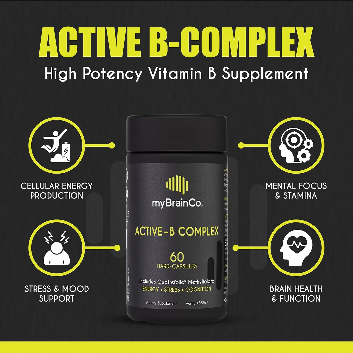 myBrainCo. Active-B Complex – High Strength Activated B Vitamin Supplement with B2, B6, B12 & Methyl Folate – Contributes to Normal Energy Release, Brain Function & Nervous System – 60 Vege-Capsules - görsel 4