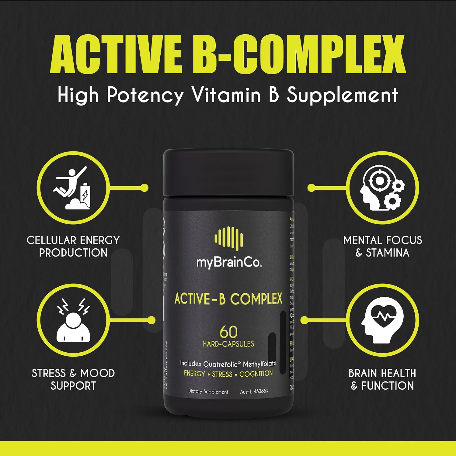 myBrainCo. Active-B Complex – High Strength Activated B Vitamin Supplement with B2, B6, B12 & Methyl Folate – Contributes to Normal Energy Release, Brain Function & Nervous System – 60 Vege-Capsules - görsel 4