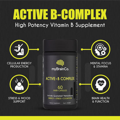 myBrainCo. Active-B Complex – High Strength Activated B Vitamin Supplement with B2, B6, B12 & Methyl Folate – Contributes to Normal Energy Release, Brain Function & Nervous System – 60 Vege-Capsules