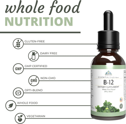 Optimal Health Systems Essential B-12 Drops: Whole Food B-12 for Energy, Red Blood Cell and Cognitive Support – Vegetarian, Non-GMO, Gluten-free, 60 mL