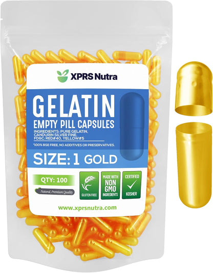 XPRS Nutra Size 1 Empty Capsules – 100 Count Gelatine Capsules (Gold)