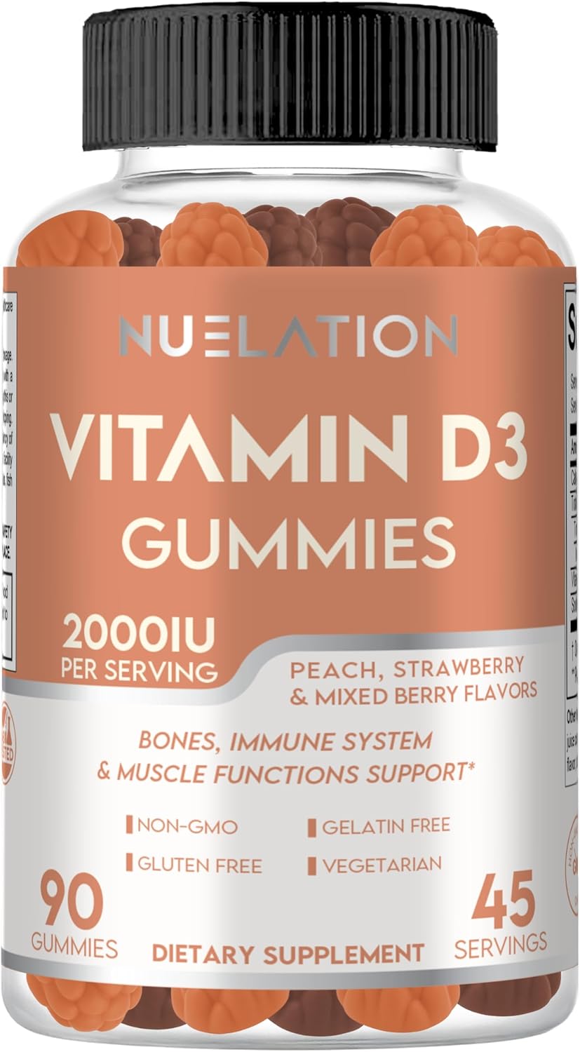 NUELATION Vitamin D3 Gummies for Adults - 2000 IU - Peach, Strawberry & Mixed Berry - 90 Count (45 Servings) - görsel 1