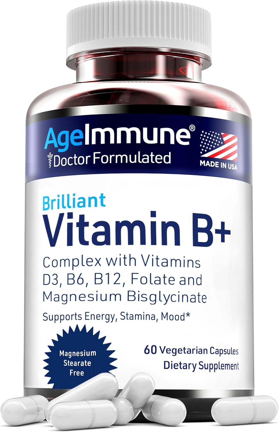 AgeImmune Vitamin B Complex with Vitamin D3, B12, B6, Magnesium Bisglycinate, and Folate as Methylfolate – 60 Capsules – No Niacin - görsel 7