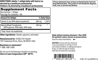 Klaire Labs SFI Health Pure-E - Natural D-Alpha & Mixed Tocopherols High in Gamma-Tocopherol (100 Softgels)