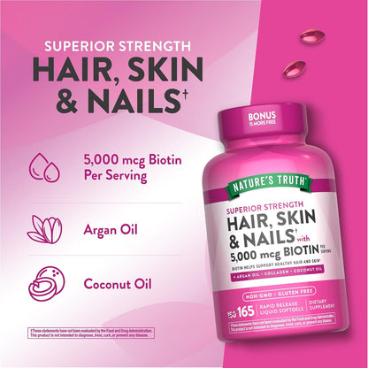 Nature's Truth Hair, Skin & Nails Vitamin | 5000 mcg Biotin | 165 Softgels | with Collagen | Non-GMO & Gluten-free Supplement