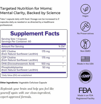 VitaminIQ Mummy Brain Postnatal Supplement (60 Capsules) for Cognitive Health, Mood, Energy with GPC and CDP Choline, Phosphatidylserine, Omega-3 DHA