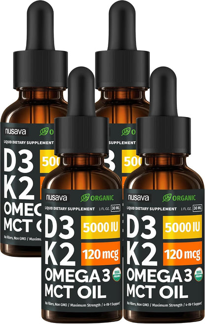 NUSAVA Organic Vitamin D3 K2 Drops with MCT Oil & Omega-3 - 5000 IU D3, 120 mcg K2, Liquid Supplement, 120 ml (Pack of 4)