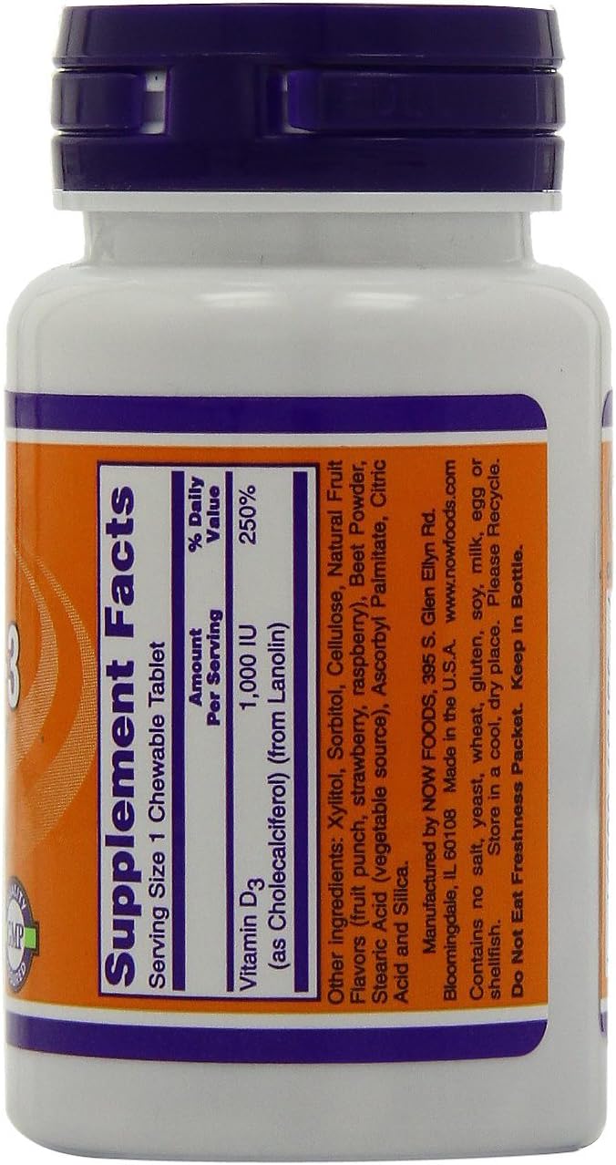 NOW Foods Vitamin D-3 1000 IU 180 Chewable Tablets (Pack of 2) - görsel 4