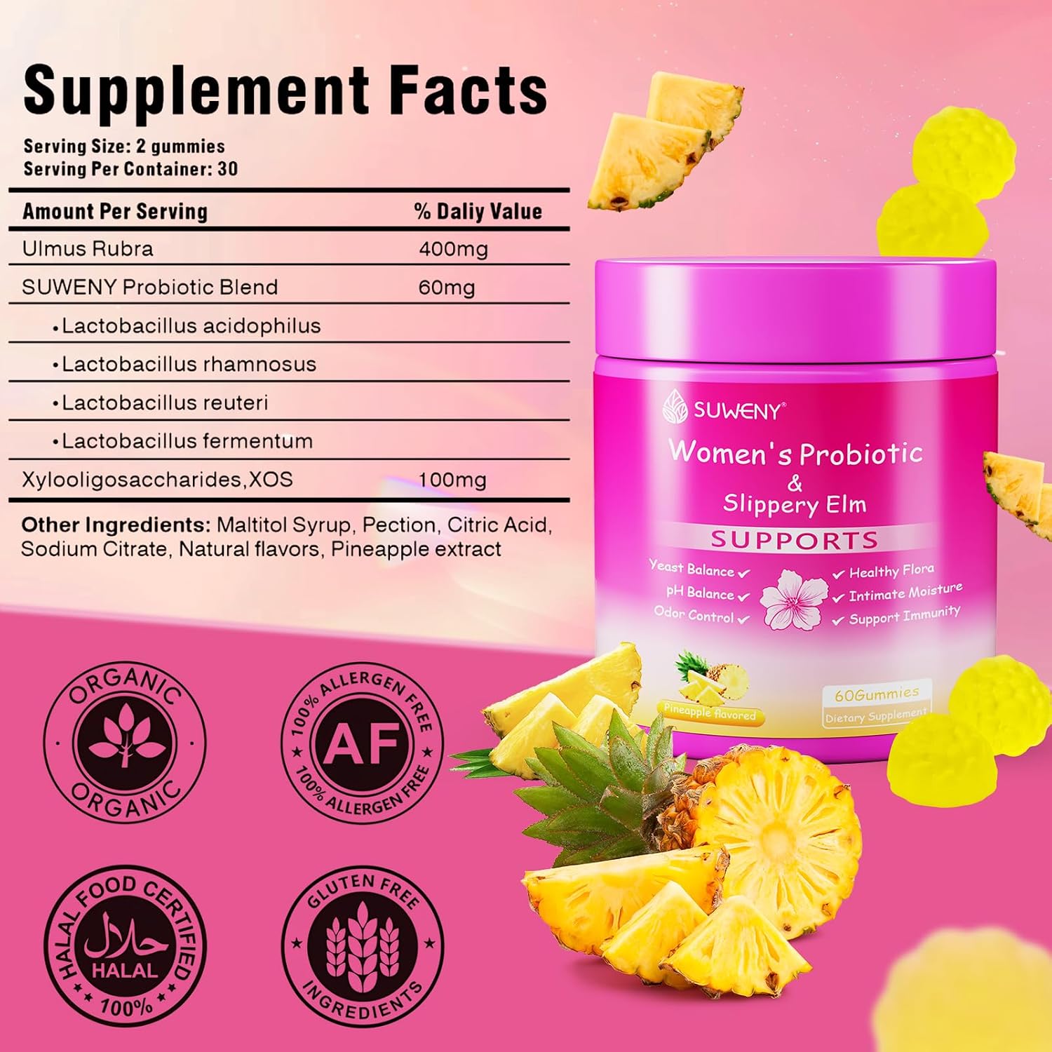 Her Juicy Feminine Probiotics Gummies, Women's Health – Designed for pH Balance, with Slippery Elm, Prebiotics & Lactobacillus Blend, Pineapple Flavour – 60 Gummies (2-Pack) - görsel 2