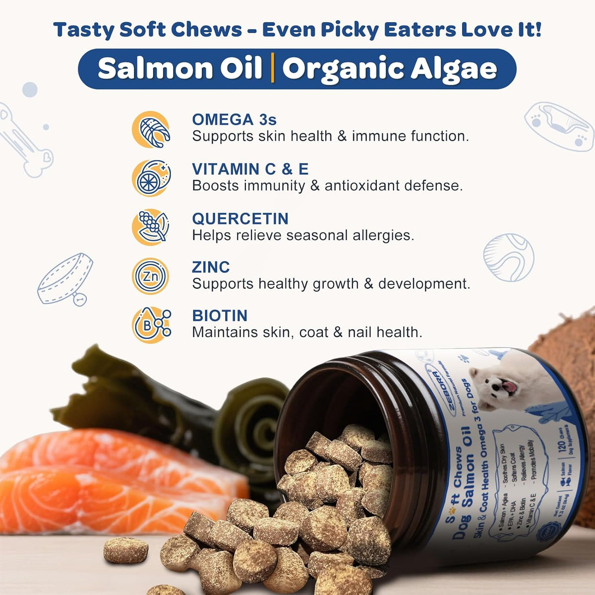ZEBORA Salmon Oil Soft Chews for Dogs Skin and Coat - Omega-3-6-9 with Vitamins C & E - 120 Chews - görsel 2