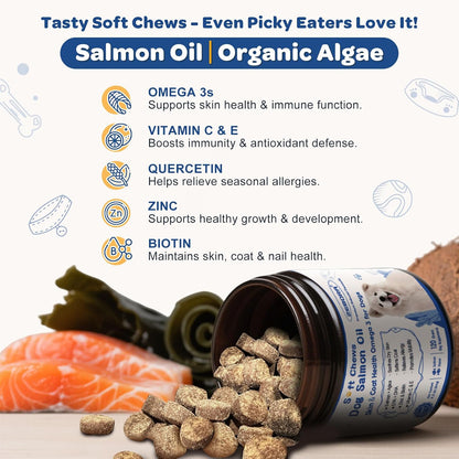 ZEBORA Salmon Oil Soft Chews for Dogs Skin and Coat - Omega-3-6-9 with Vitamins C & E - 120 Chews