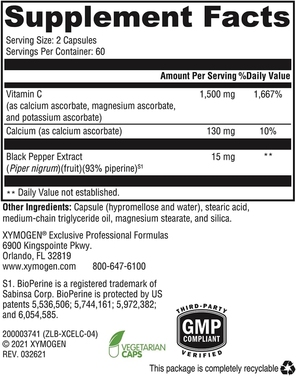 XYMOGEN Xcellent C - 750 mg Vitamin C with BioPerine - 120 Capsules - görsel 2