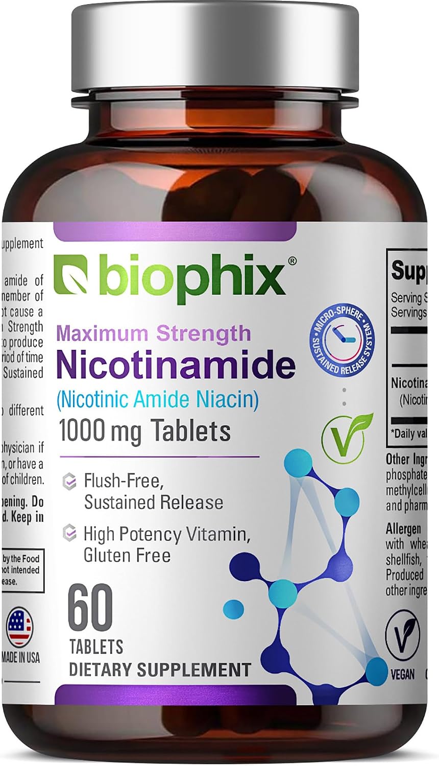 biophix B-3 Nicotinamide 1000 mg - 60 Timed Release Tablets - Flush-free Vitamin B3 (Niacinamide) - görsel 1