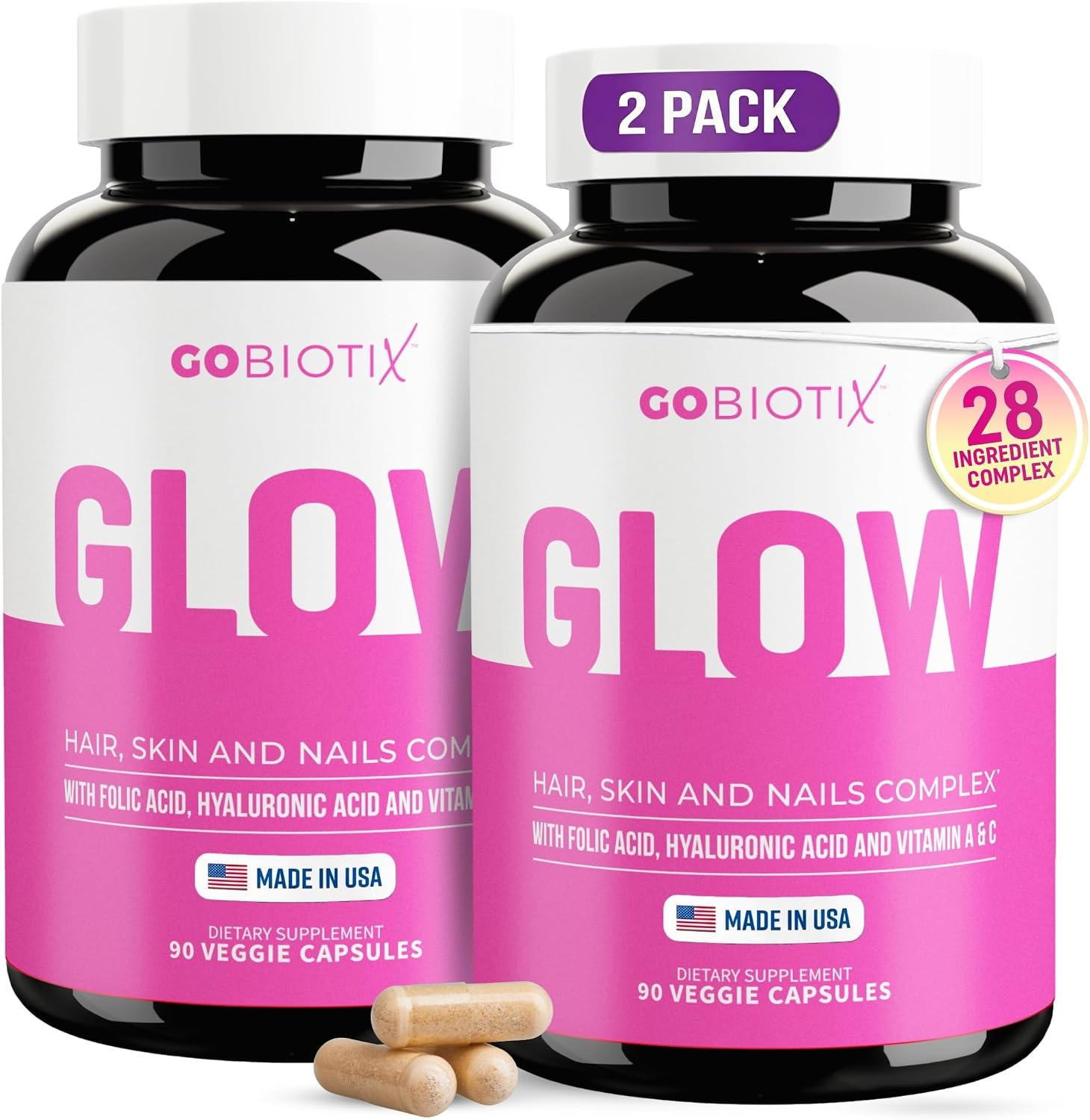 GOBIOTIX Hair, Skin & Nails Vitamins for Women — 10,000mcg Biotin, Hyaluronic Acid & MSM — 28 Vitamins with Folate & Iron — Twin Pack, 180 Capsules - görsel 1