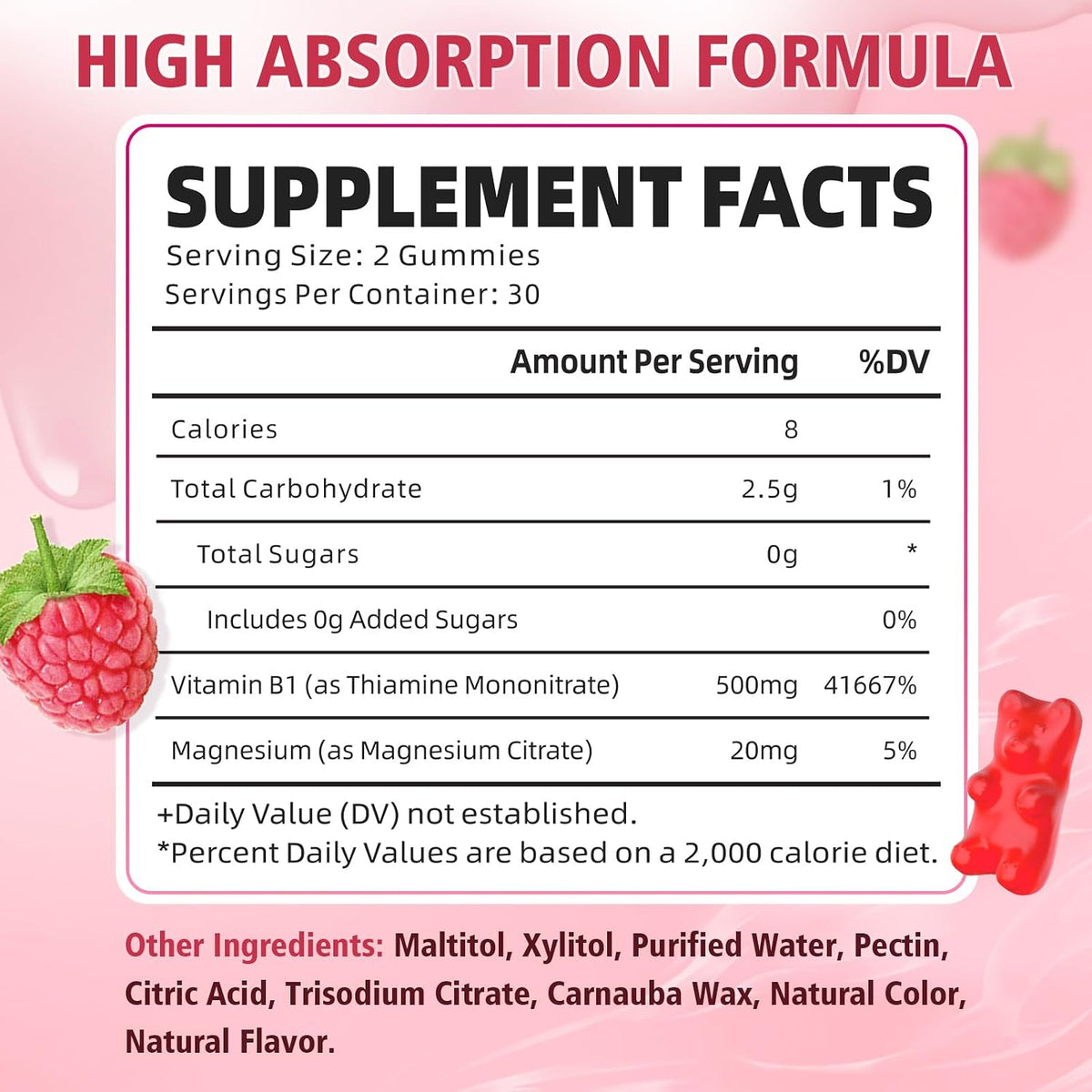 Pack of 2 Vitamin B1 Gummies 500mg for Adults and Kids, Thiamine B1 Supplement with Magnesium, Vitamin B1 Supplement for Nervous System Support and Energy Boost, Raspberry Flavour, 120 Gummies - görsel 2