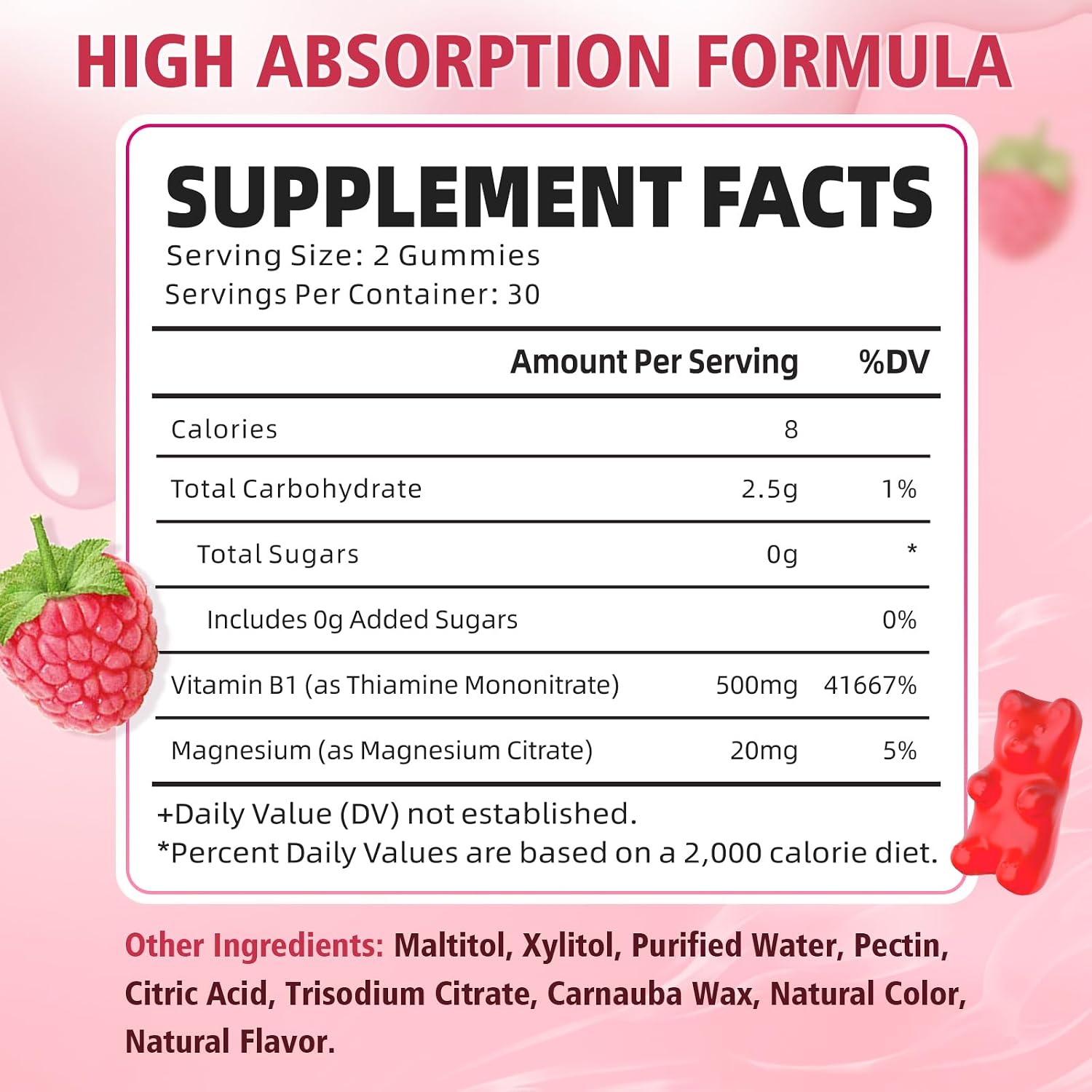 Pack of 2 Vitamin B1 Gummies 500mg for Adults and Kids, Thiamine B1 Supplement with Magnesium, Vitamin B1 Supplement for Nervous System Support and Energy Boost, Raspberry Flavour, 120 Gummies - görsel 2