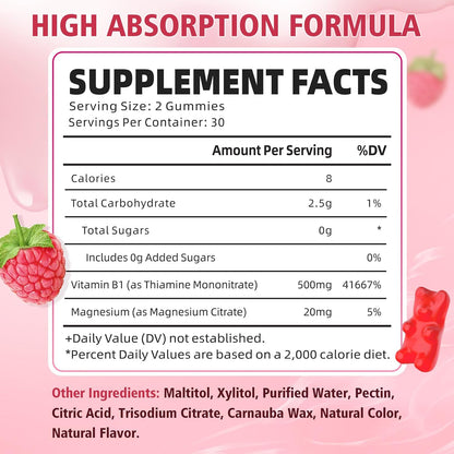 Pack of 2 Vitamin B1 Gummies 500mg for Adults and Kids, Thiamine B1 Supplement with Magnesium, Vitamin B1 Supplement for Nervous System Support and Energy Boost, Raspberry Flavour, 120 Gummies