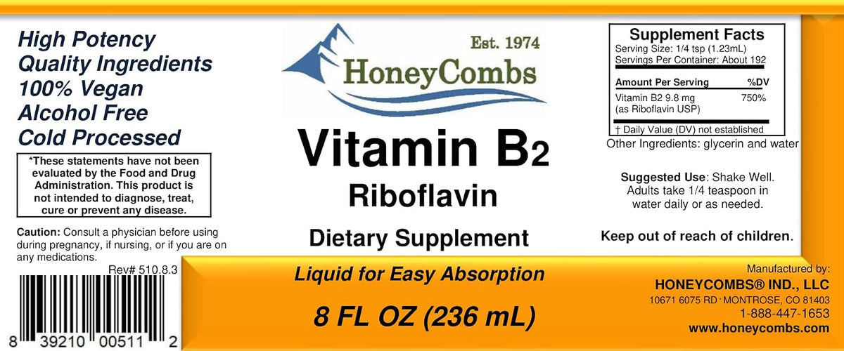 HoneyCombs Riboflavin Vitamin B2 Liquid Drops, 8 Fl oz | Headache Support, 750 Percent DV, Made in USA, Alcohol Free, Alternative to Capsules - görsel 2