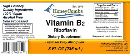HoneyCombs Riboflavin Vitamin B2 Liquid Drops, 8 Fl oz | Headache Support, 750 Percent DV, Made in USA, Alcohol Free, Alternative to Capsules