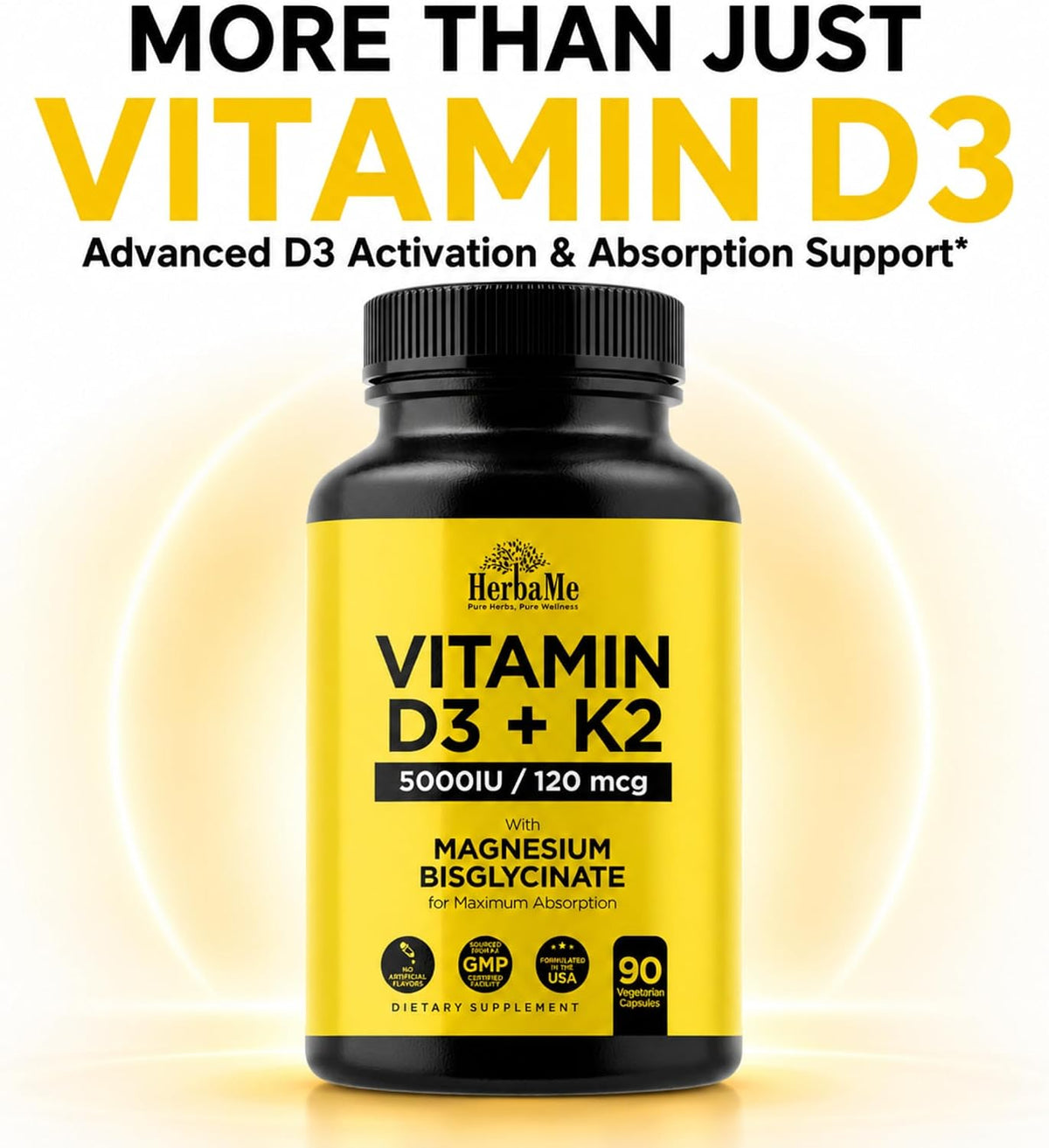 HerbaMe Vitamin D3 5000 IU + K2 with Magnesium Bisglycinate - Bone, Muscle & Immune Support - 90 Capsules - görsel 2