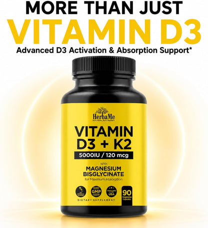 HerbaMe Vitamin D3 5000 IU + K2 with Magnesium Bisglycinate - Bone, Muscle & Immune Support - 90 Capsules