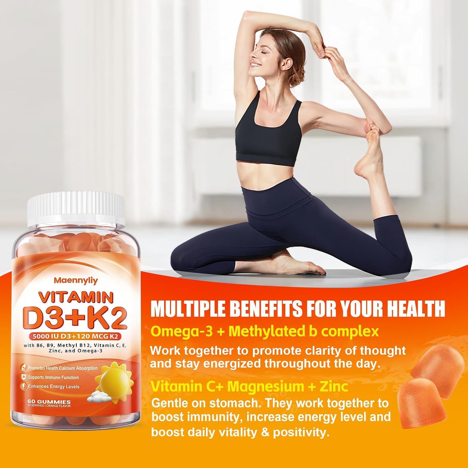 Vitamin D3 K2 Gummies for Adults - 5000 IU D3 + 120 mcg K2 (MK-7) - Sugar-Free with Omega-3 and B Vitamins - görsel 5