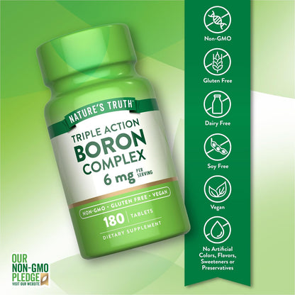 Nature's Truth Triple Action Boron Complex Food Supplement | 6mg | 180 Tablets | Vegan, Non-GM & Gluten-free Mineral Support