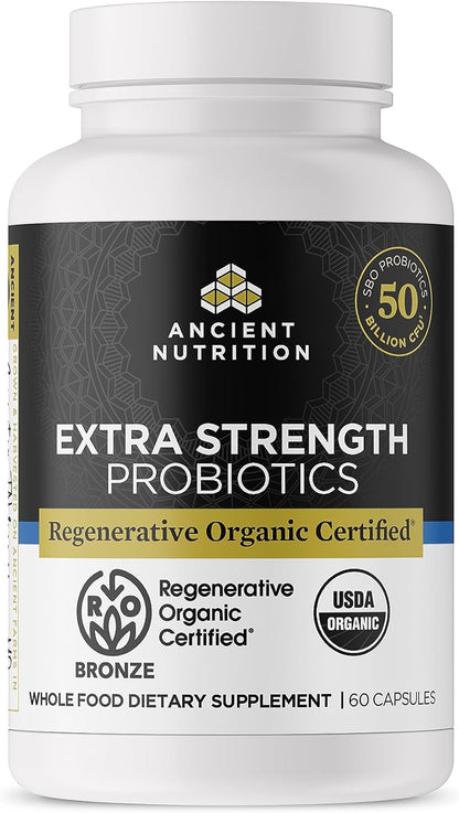 Ancient Nutrition Regenerative Organic Certified Probiotics, Extra Strength, 50 Billion CFU, 60 Capsules