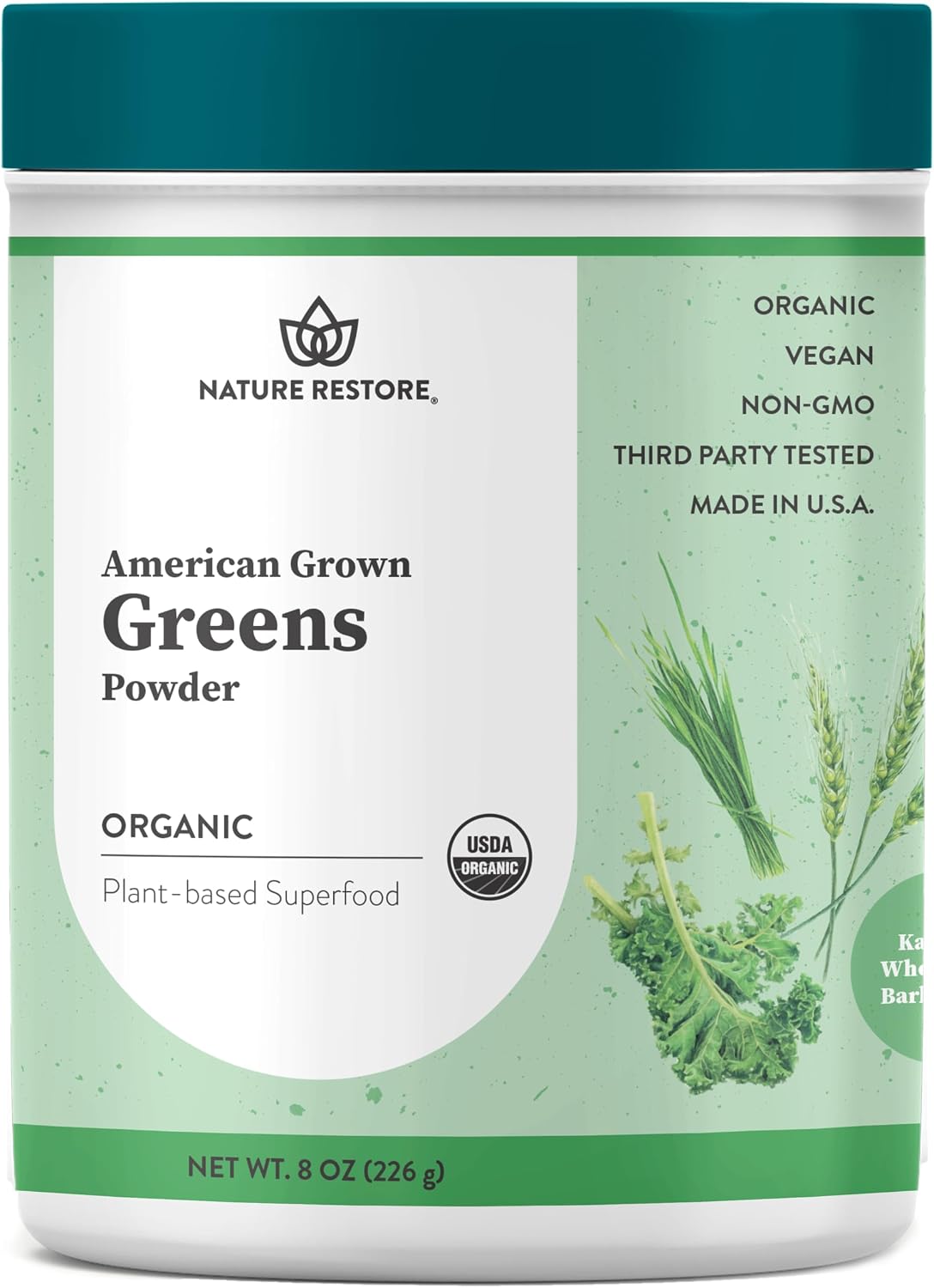 Nature Restore Organic Greens Powder (227 g). 100% Pure Grown in USA Kale, Wheatgrass & Barleygrass. Alkaline-Forming Morning Green Juice Shot & Digestive Support. No-Mess Juicer Alternative, Gluten-Free - görsel 1