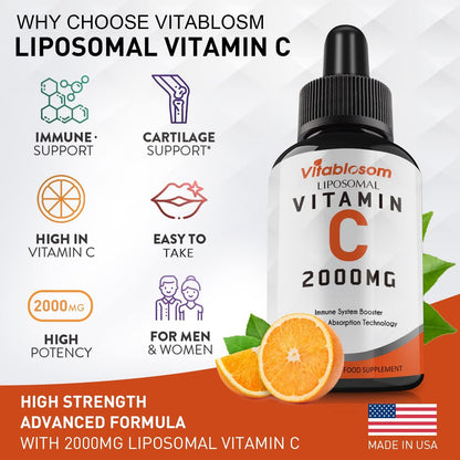 Vitablosom Liposomal Vitamin C 2000mg Liquid for Adults, High Absorption VIT C, Maximise Vitamin C, Immune System & Antioxidant Support, 60ml (2 Bottle)