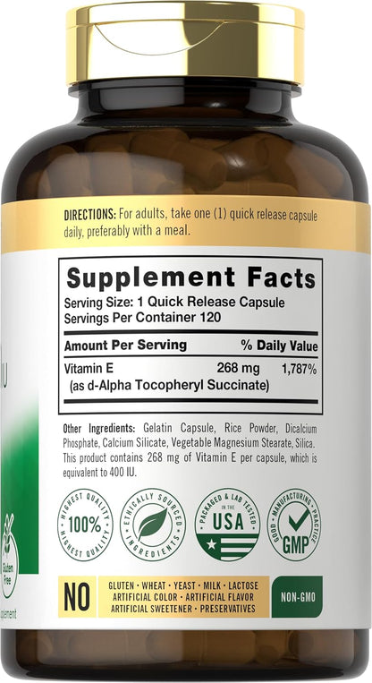 Carlyle Dry Vitamin E 400 IU, 120 Capsules – Natural D-Alpha Tocopheryl, Non-GMO, Gluten-free