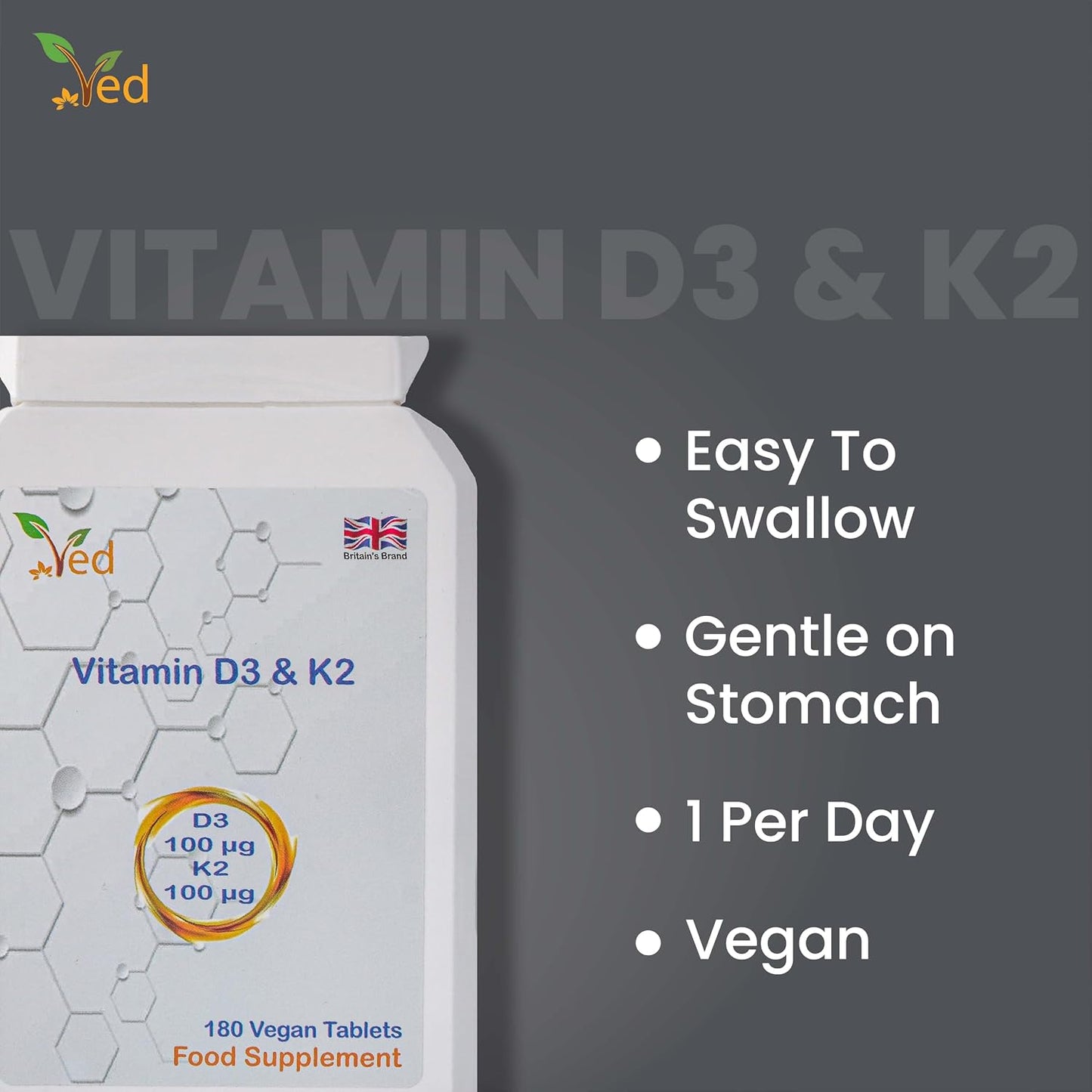 VED Vitamin D3 and K2 Supplement | 100 mcg D3 & 100 mcg K2 | Vegan | 180 Tablets (6-Month Supply) - görsel 5