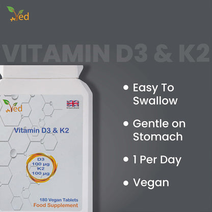 VED Vitamin D3 and K2 Supplement | 100 mcg D3 & 100 mcg K2 | Vegan | 180 Tablets (6-Month Supply)