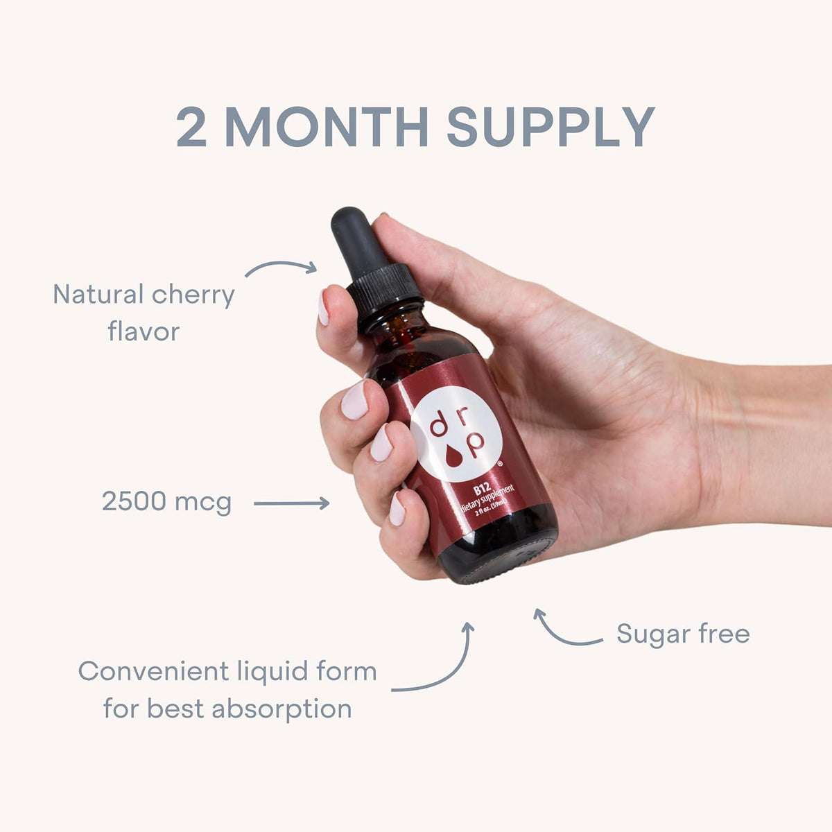 Drop Vitamin B12 Liquid Drops – 2500 µg Methylcobalamin, Sublingual, Natural Cherry, Non-GMO, Vegan, 60 ml - görsel 7