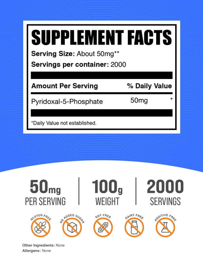 Pyridoxal 5-Phosphate (P5P) Powder - Vitamin B6 Supplement, 50 mg per Serving, 100 g