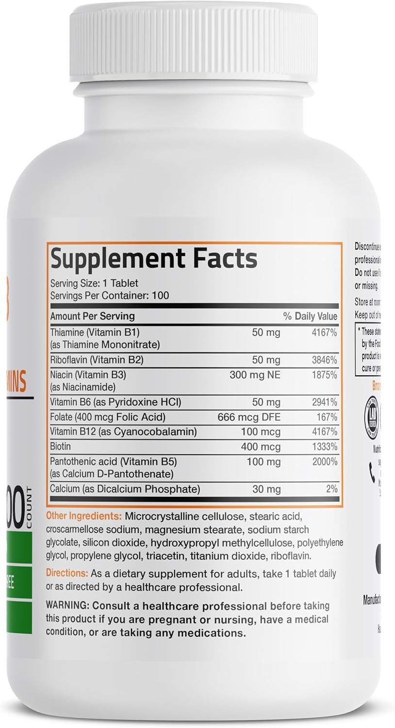 Bronson Vitamin B Complex (B1, B2, B3, B6, B9, B12, Biotin, Pantothenic Acid) - 100 Tablets - görsel 2