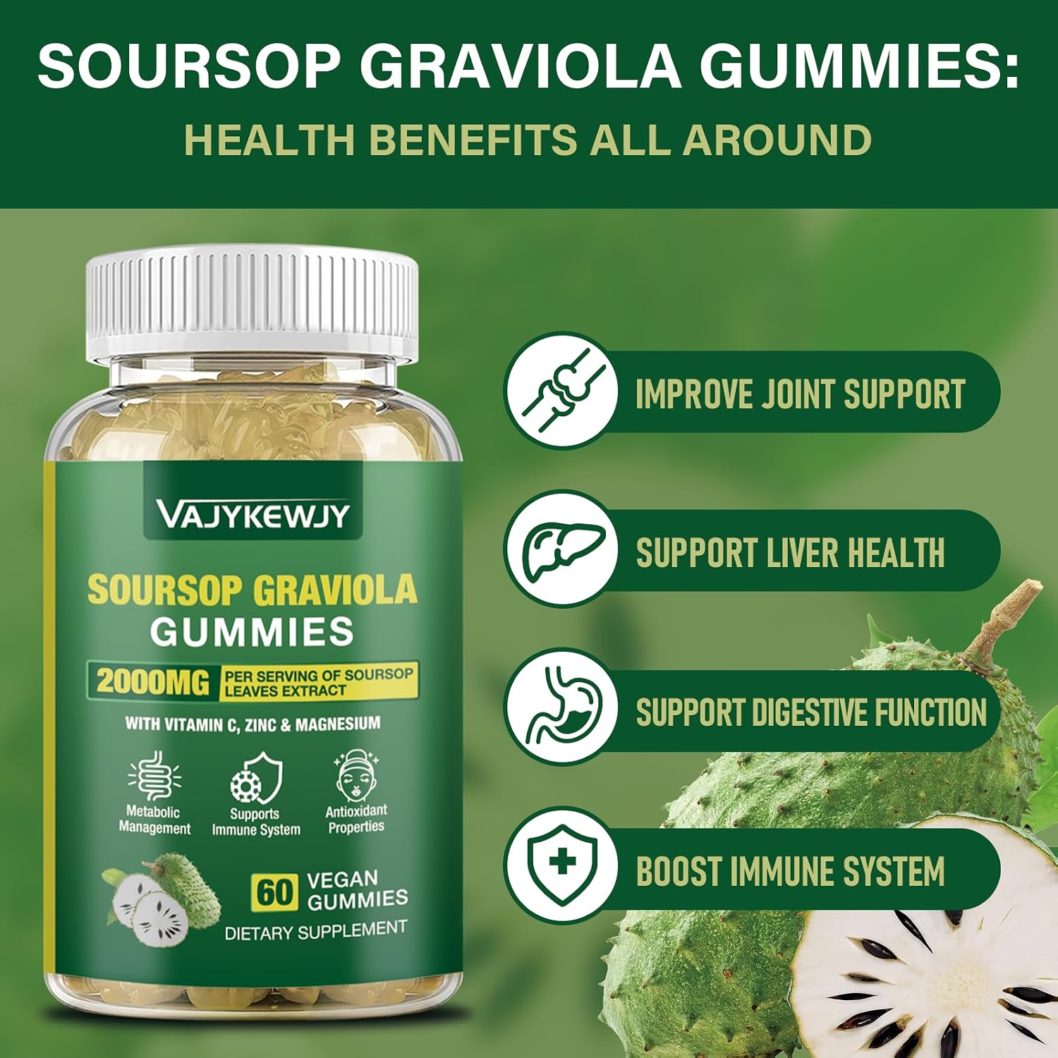 VAJYKEWJY Soursop Graviola Gummies – Extra Strength 2000mg with Vitamin C & Zinc, Vegan, 60 Gummies - görsel 3