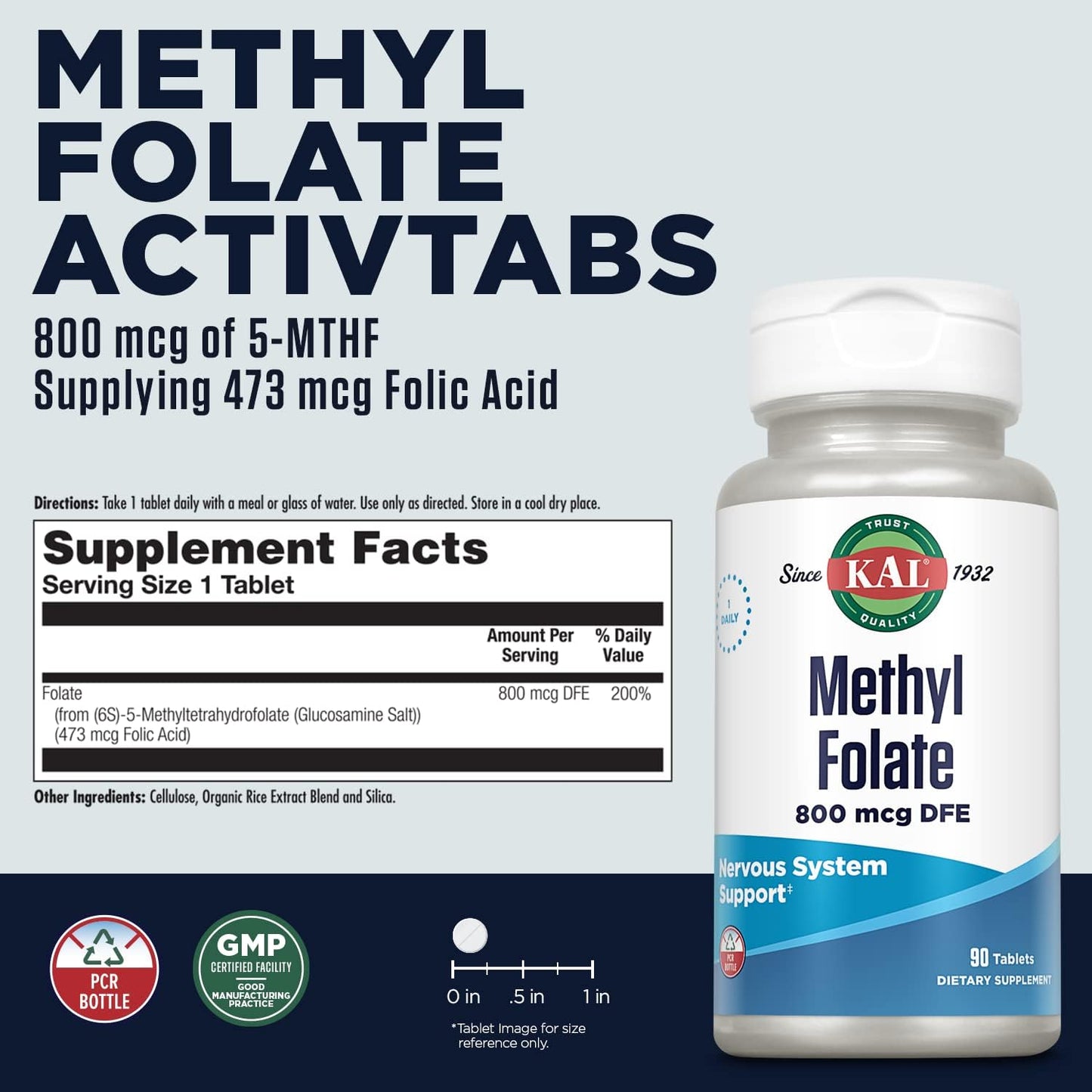 KAL Methyl Folate 800 mcg - 5-MTHF Active Form, 90 Tablets - görsel 2